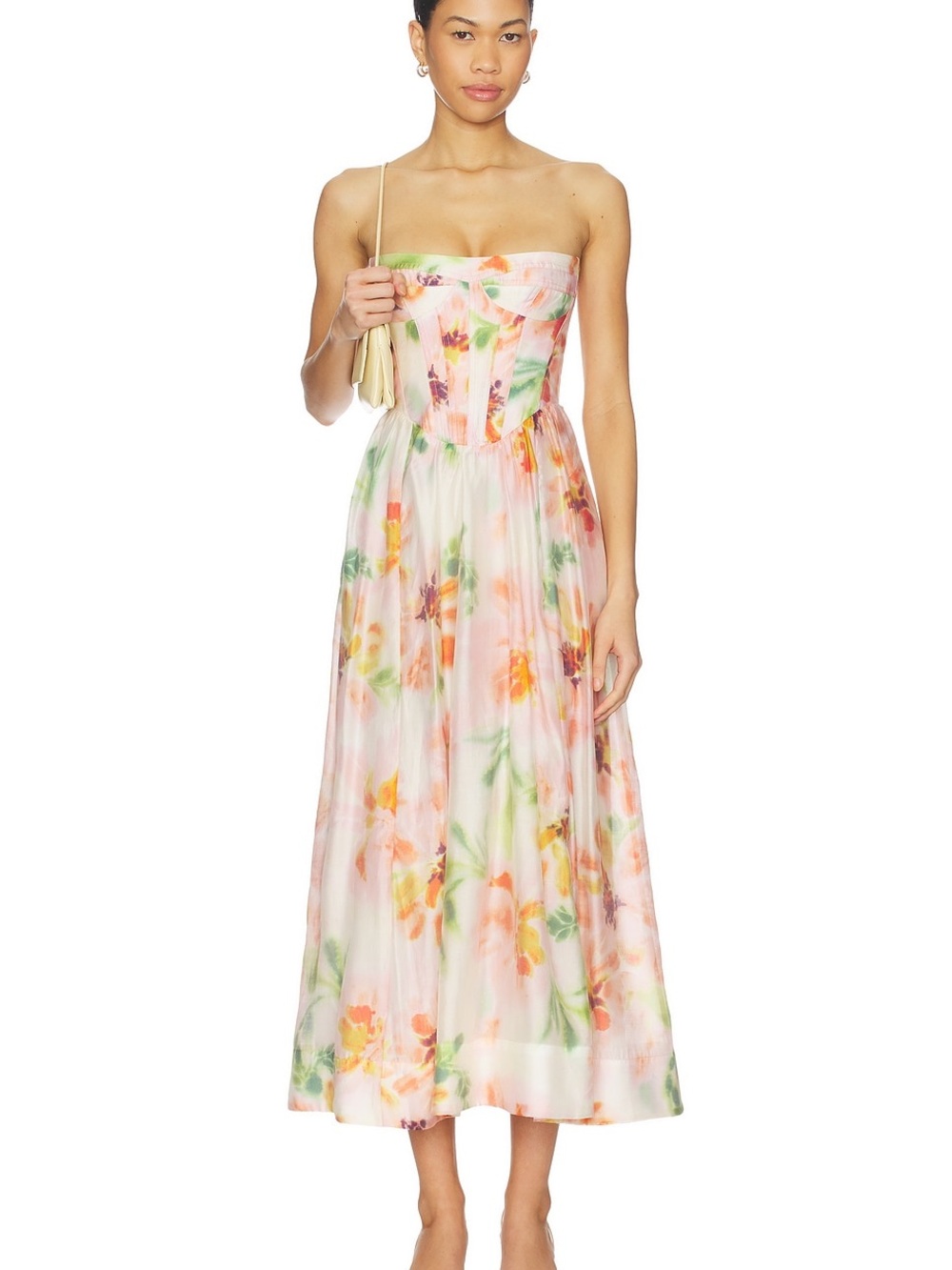 Bardot Strapless Floral Midi Dress in Pink and Green